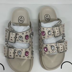 ASH URGE BUCKLE SANDALS IN WHITE LEATHER & GEMSTONES